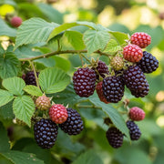 Ripe and unripe Boysenberries on a branch with green leaves, showcasing a mix of deep purple and red hues against a blurred natural background.